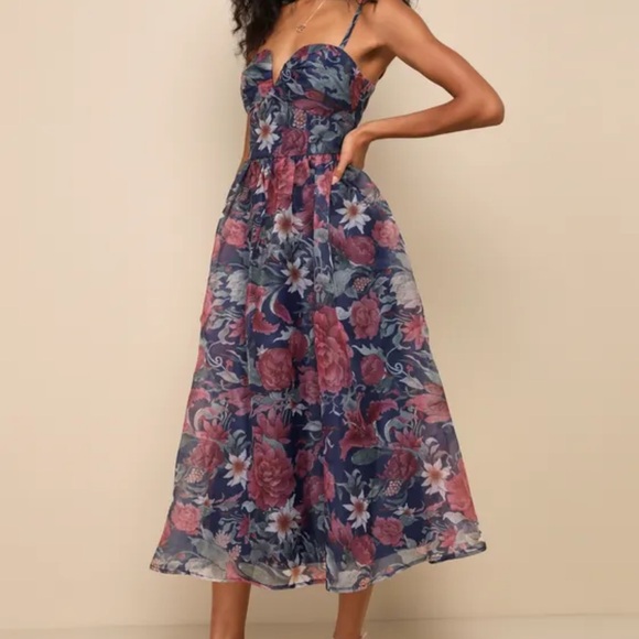 Cherished Aura Navy Blue Floral Organza Bustier Midi Dress
Lulus - Picture 4 of 4